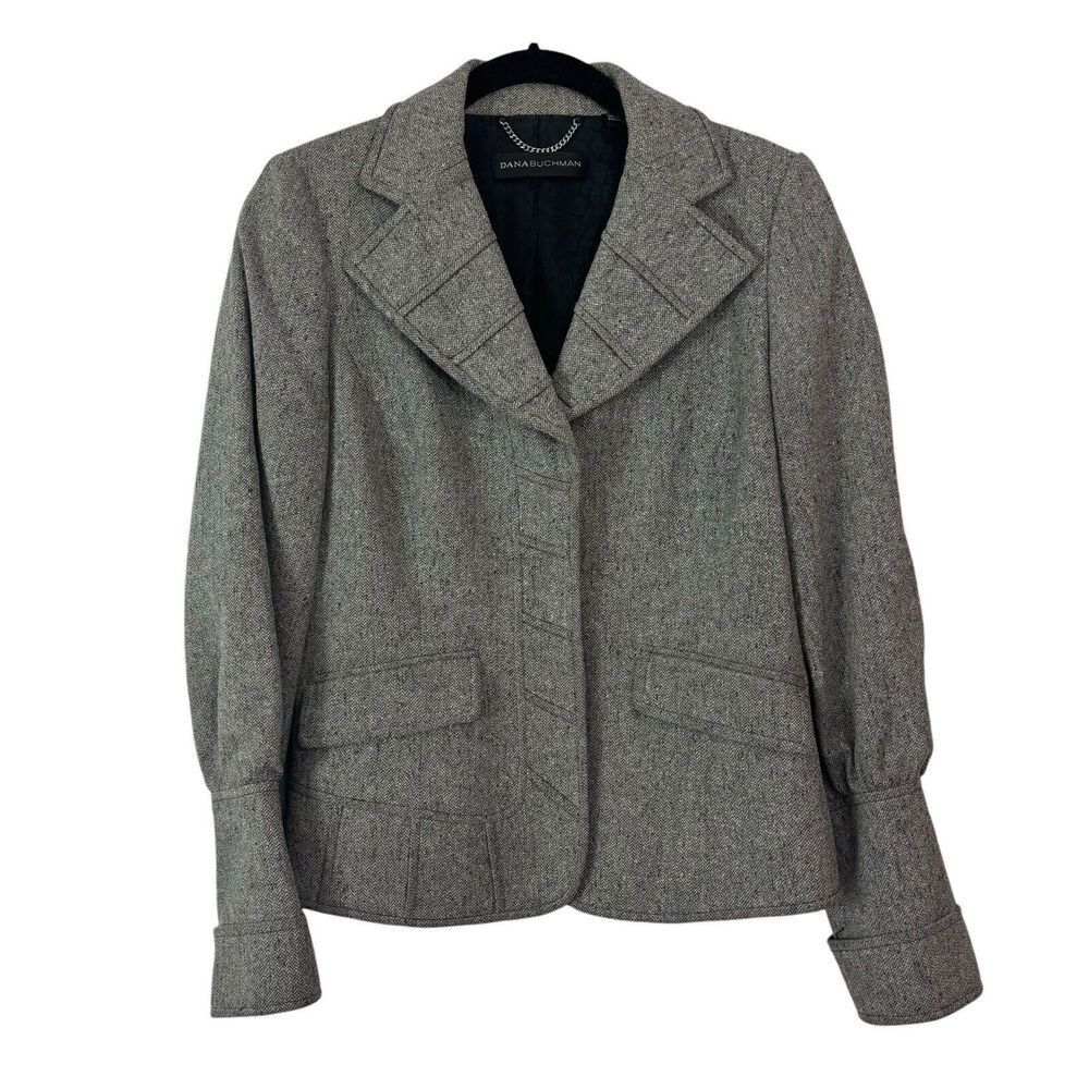 Dana Buchman Blazer Sz 2 Gray Check Silver Metallic Business Office Jacket